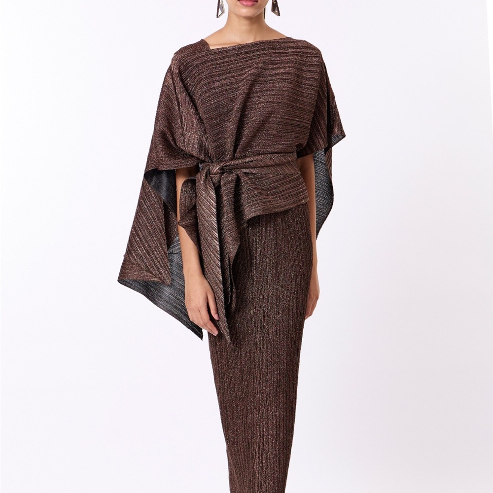 Stylish Metallic Brown Dress with Tie Waist